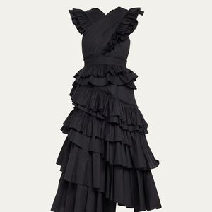 Ulla Johnson Black Asymmetrical Ruffle Midi Dress - Aurore NWOT Never Worn
